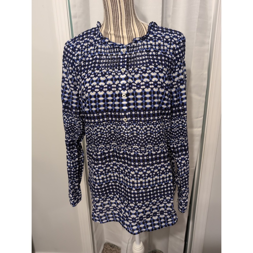 Talbots Blue Cotton Ruffled Neck Long Sleeve Light Airyโ Tunic Medium